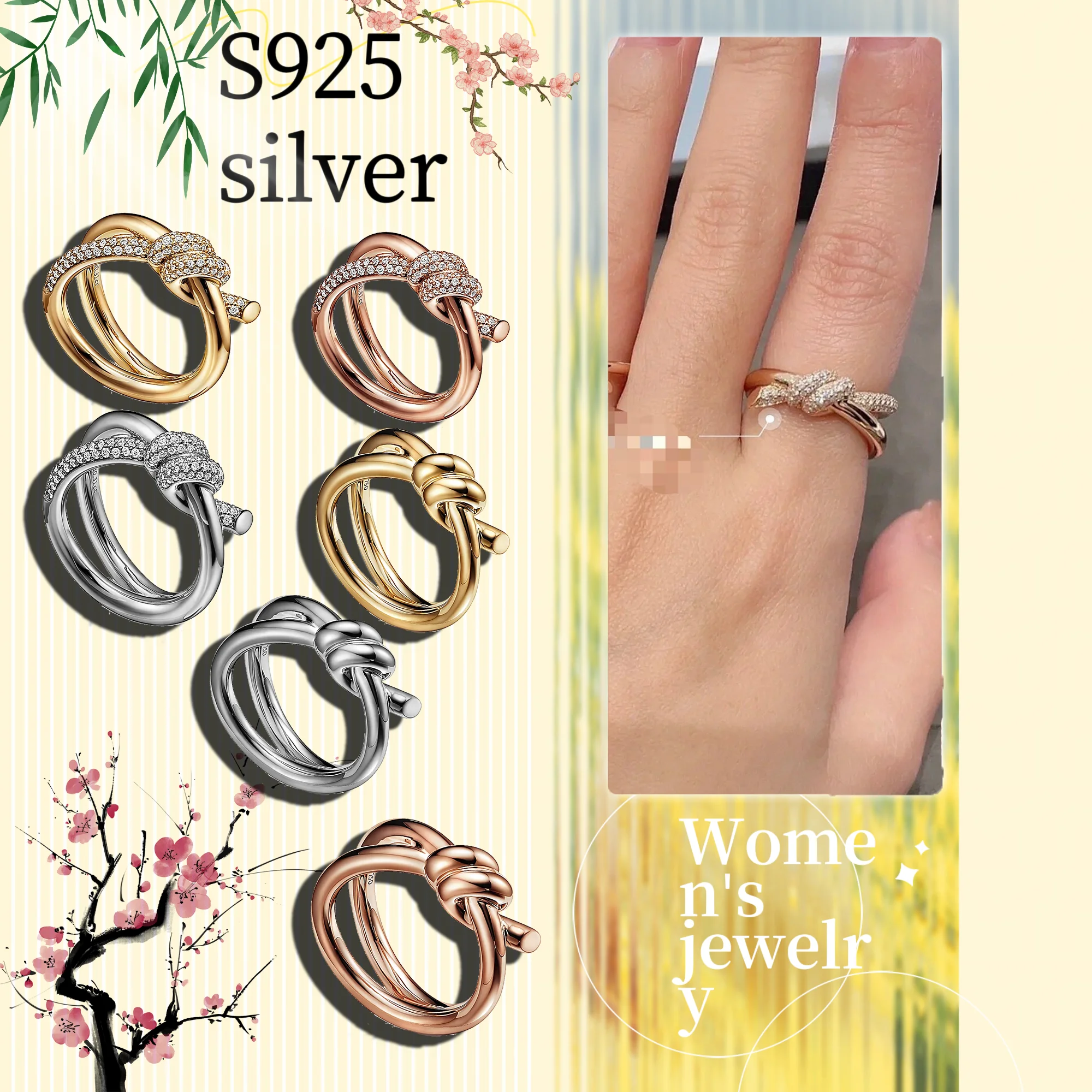

Solid silver S925 women's jewelry inlaid with zircon bow ring, Valentine's Day couple pairing ring, give to girlfriend