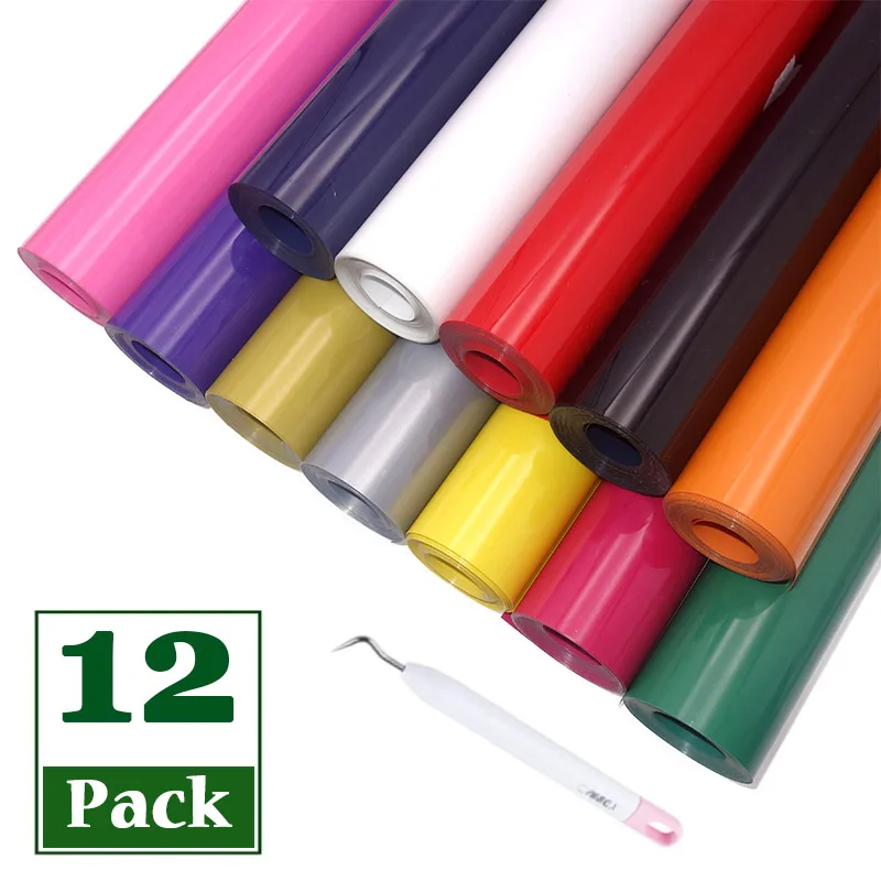 

12/6 Pack 12inchX5ft Multi Colors Heat Transfer Vinyl Roll for Cutting Machines, T-shirt DIY Iron on HTV Film Easy to Cut Weed