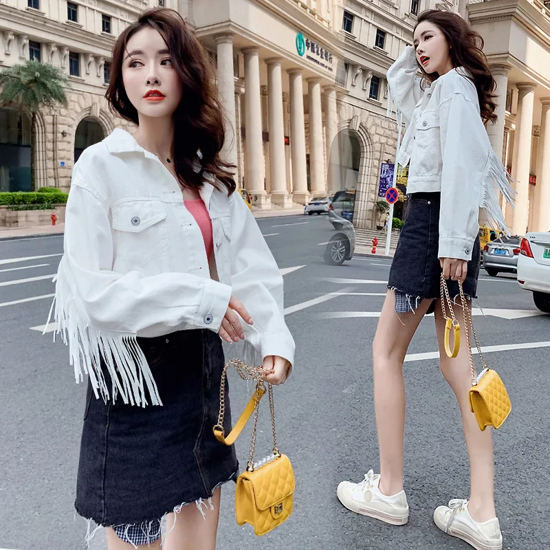 

Off-White Denim Cropped Jacket, 2025 Spring Autumn Women's Korean Style Sweet Fashionable Fringe Retro Folded Collar Jacket