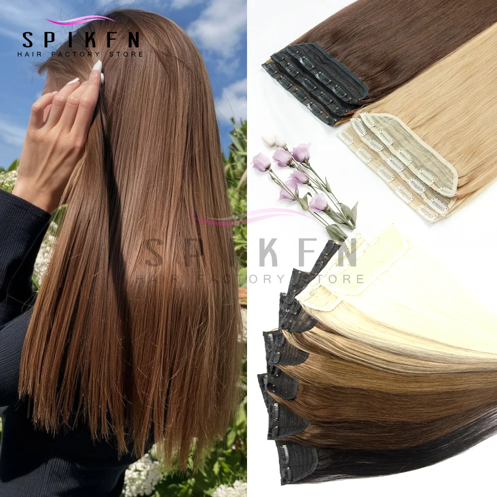 클립형 원피스 인모 연장 40-50G 블론드 브라운 웨프트 클립 천연 실크 스트레이트 헤어피스 여성용 12''-22''