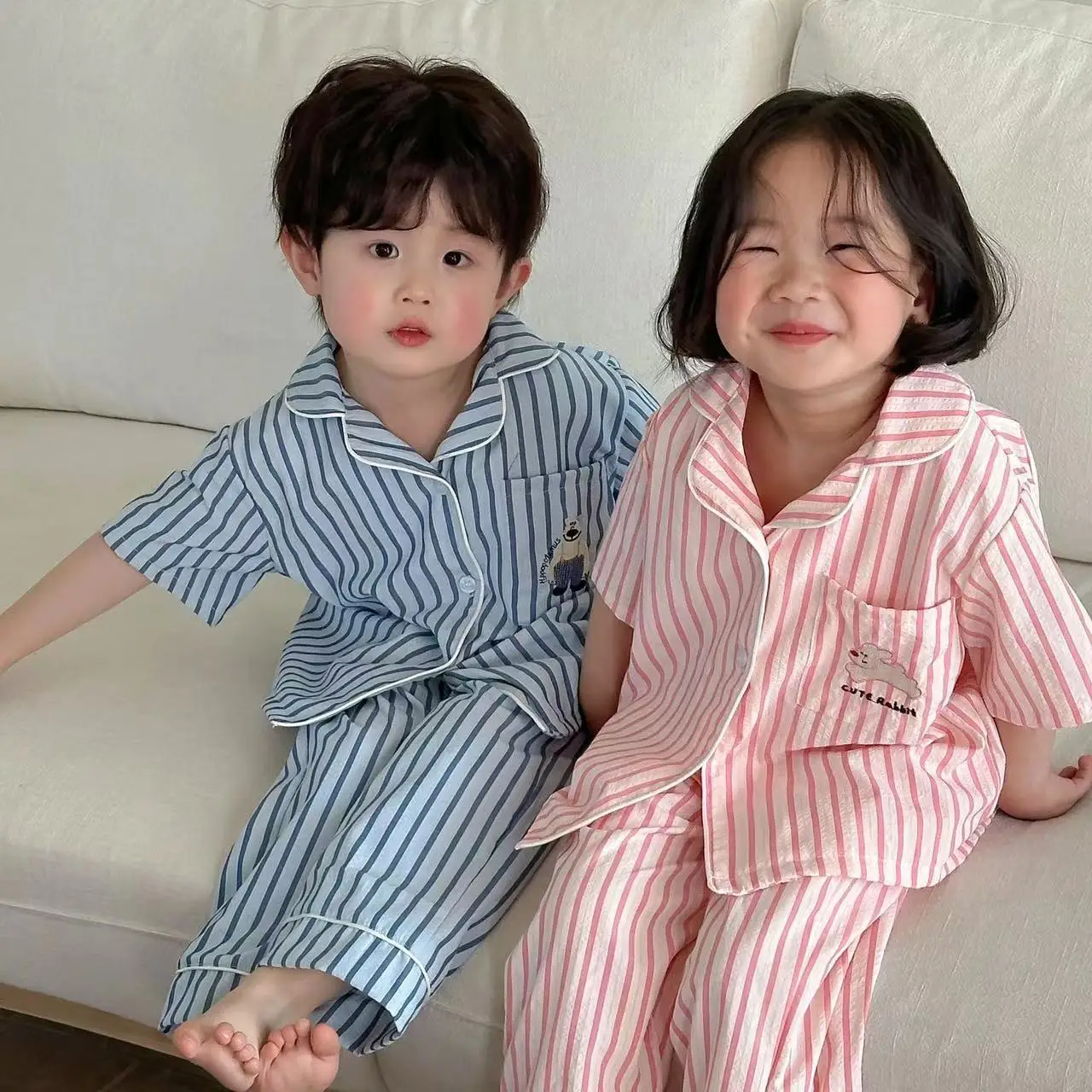 Children Summer Clothing Set Korean Boy Girl Fashion Striped Cotton Pajamas Kids Brief Soft Breathable Homewear Clothes