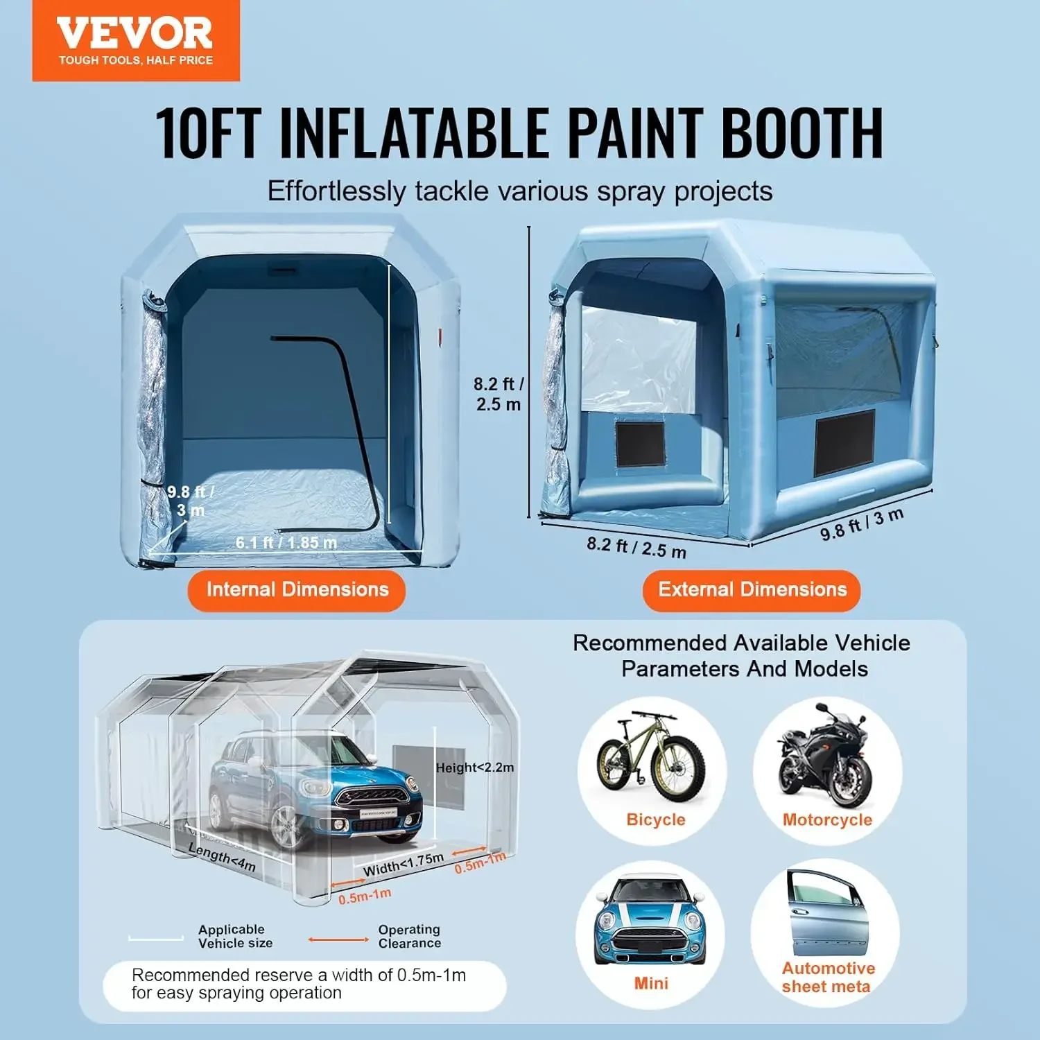 Cabina de pintura inflable, cabina de pulverización inflable de 9,8 x 8,2 x 8,2 pies, con potente soplador de 550 W y sistema de filtro de aire