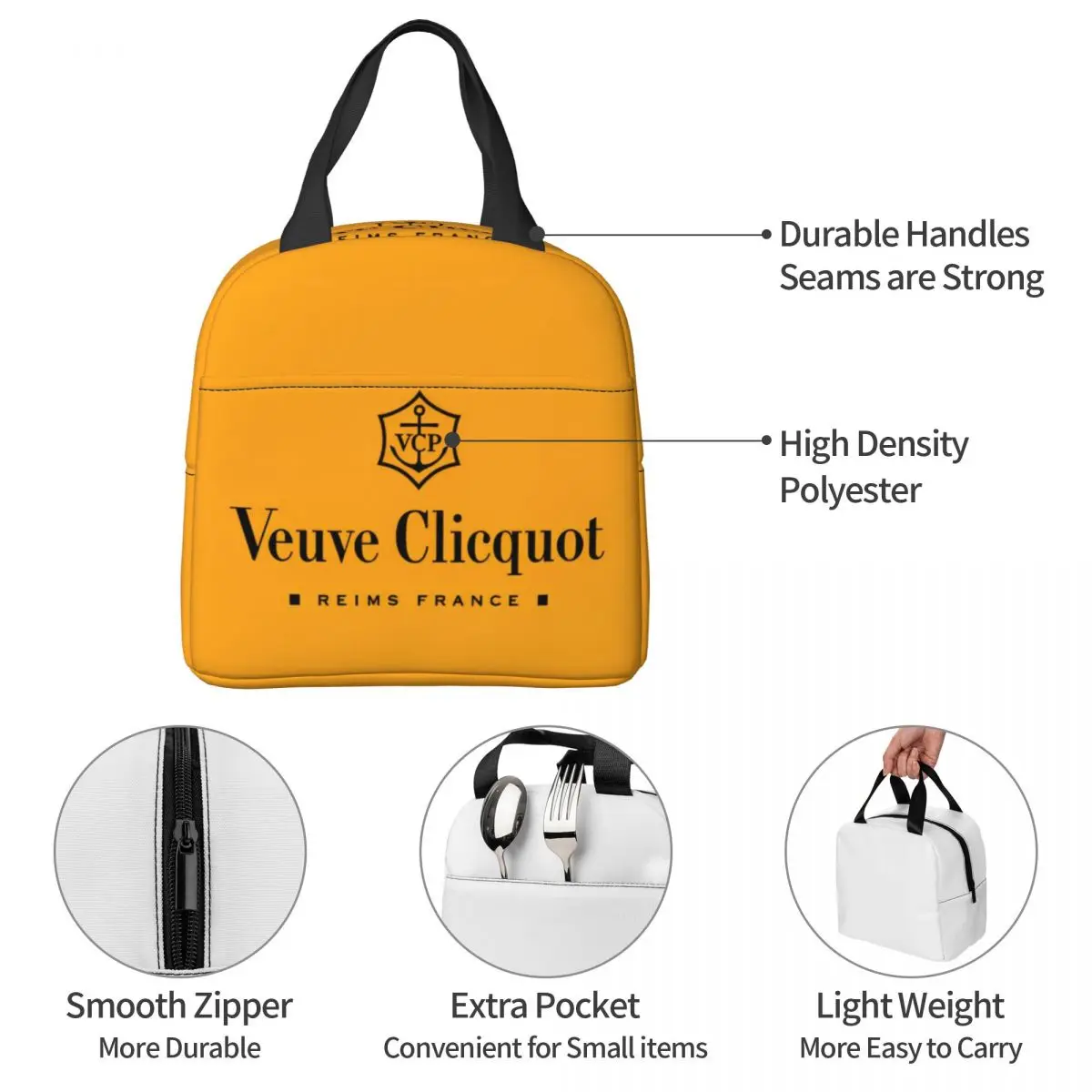 Champagne Orange Insulated Lunch Bag Large Veuves Clicquots Lunch Container Thermal Bag Lunch Box Tote Work Outdoor Food Handbag