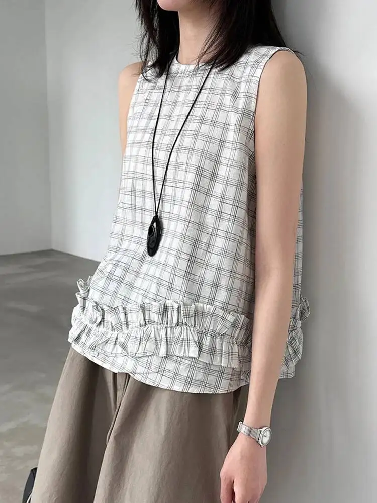 

Women Black Plaid Ruffles Thin Elegant Blouse New Round Neck Sleeveless Shirt Fashion Tide Spring Summer