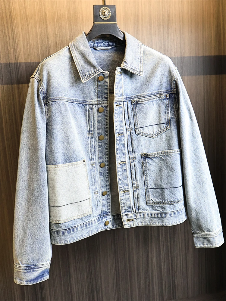 

Синий высококачественный мужской свободный крой с воротником для похудения в стиле ретро, джинсовый тюнер, модный городской хлопковый длинный све