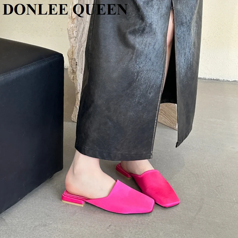 Fashion Square Toe Flat Slippers Women Casual Slip On Mule Luxury Brand Outside Slide Elegant Satin Lady Shoes Sandal Flip Flops