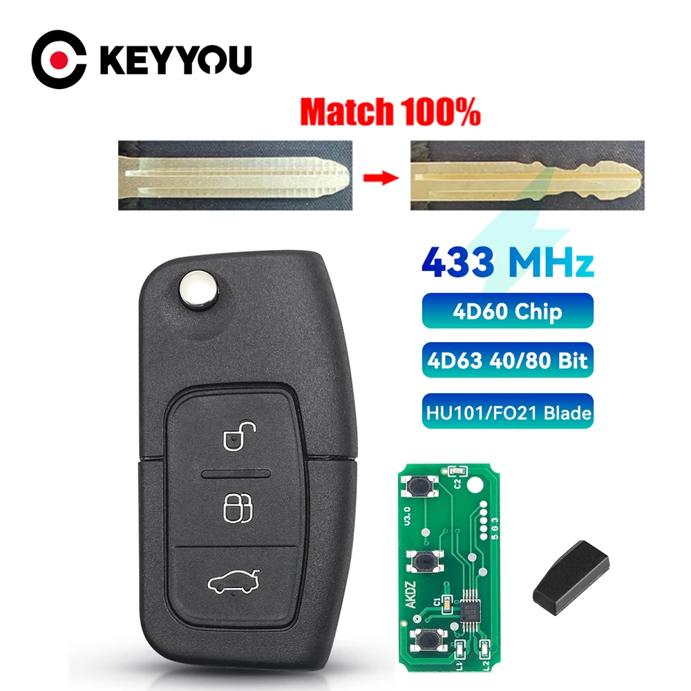 

KEYYOU With Cutting Service For Ford Focus Fiesta 2013 Fob Case HU101 F021 Blade 433MHz 4D63 40bit 80bit Folding Remote Car Key