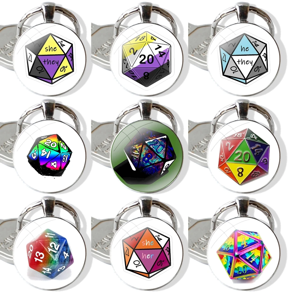 Keychain Handmade Glass Cabochon Key Ring Holder Pendant Key Chains Pronoun Check Nonbinary Pride D20 They T