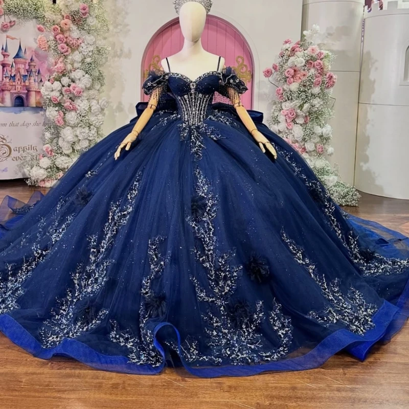 

Navy Blue Shiny Quinceanera Dresses Off The Shoulder Applique Flower Beading Crystal Bow Tull Party Birthday Sweet 16 Dress