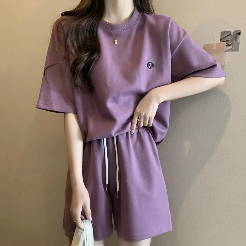 Women Casual Sports Suits Summer Short Sleeve T-shirts+Wide Leg Shorts Two Piece Sets Embroidery Outfit Female Loose Tracksuit