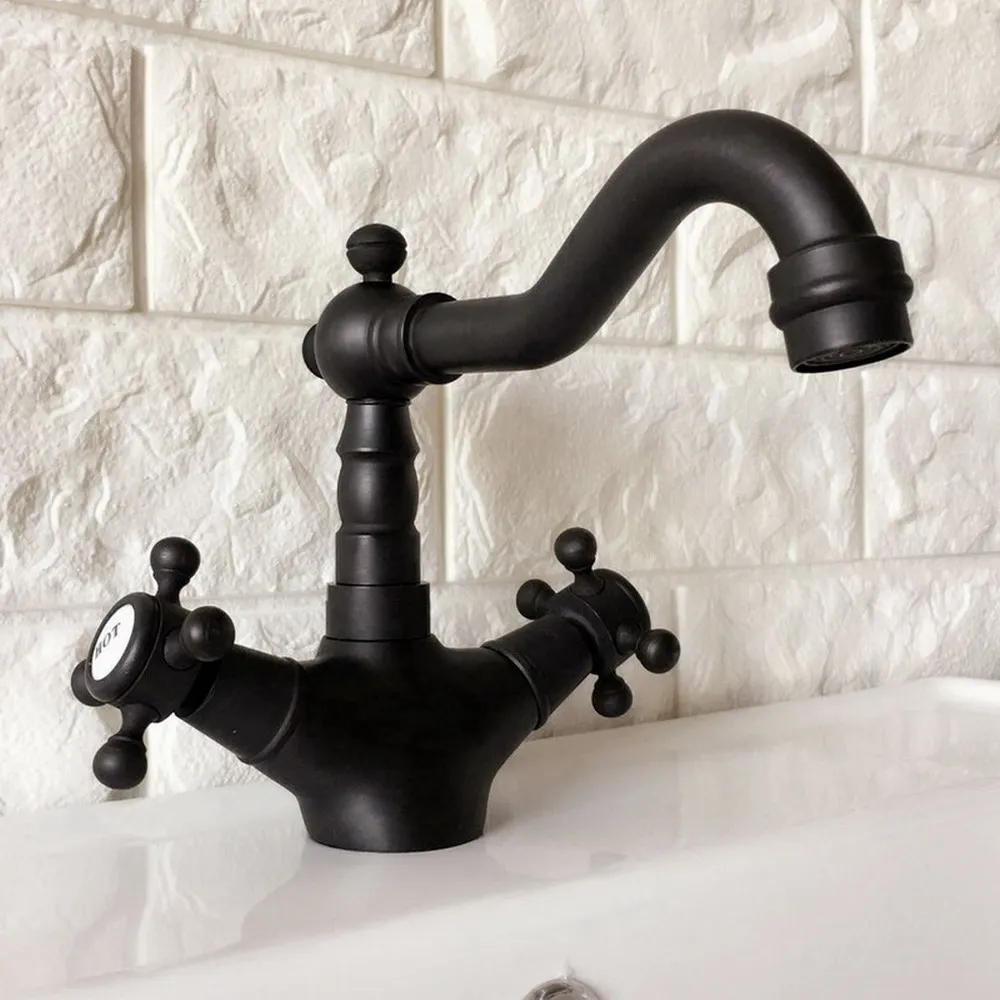 

Black Oil Rubbed Brass Basin Faucet Double Handle Single Hole Bathroom Hot and Cold Mixers Lavatory Sink Washing Tap