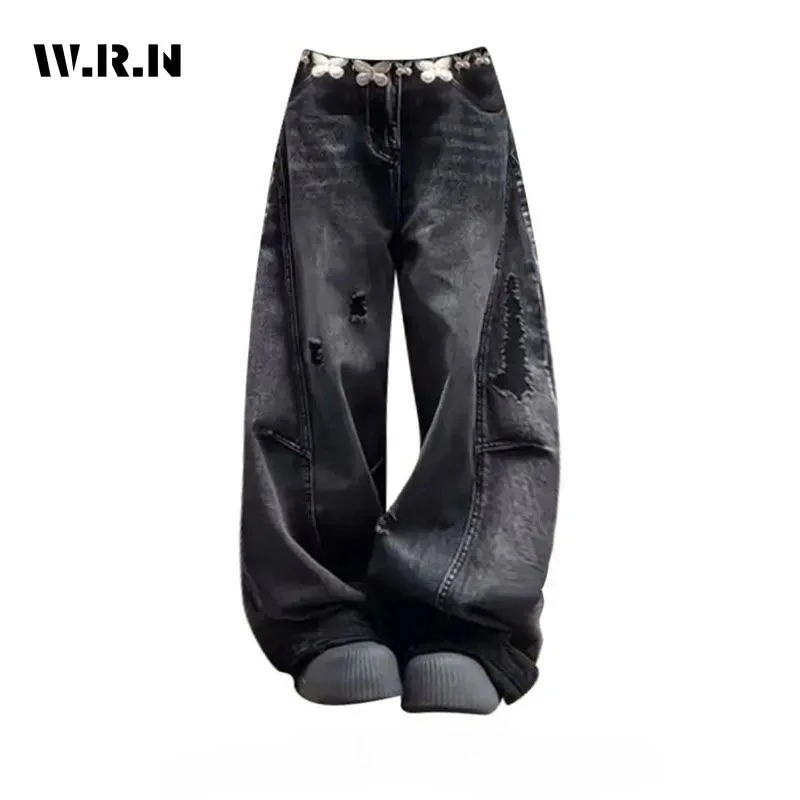 

American Vintage Distressed Jeans Women Grunge Casual 2000s Eclectic Waif Pants Y2K Harajuku Street 3D Butterfly Denim Trouser