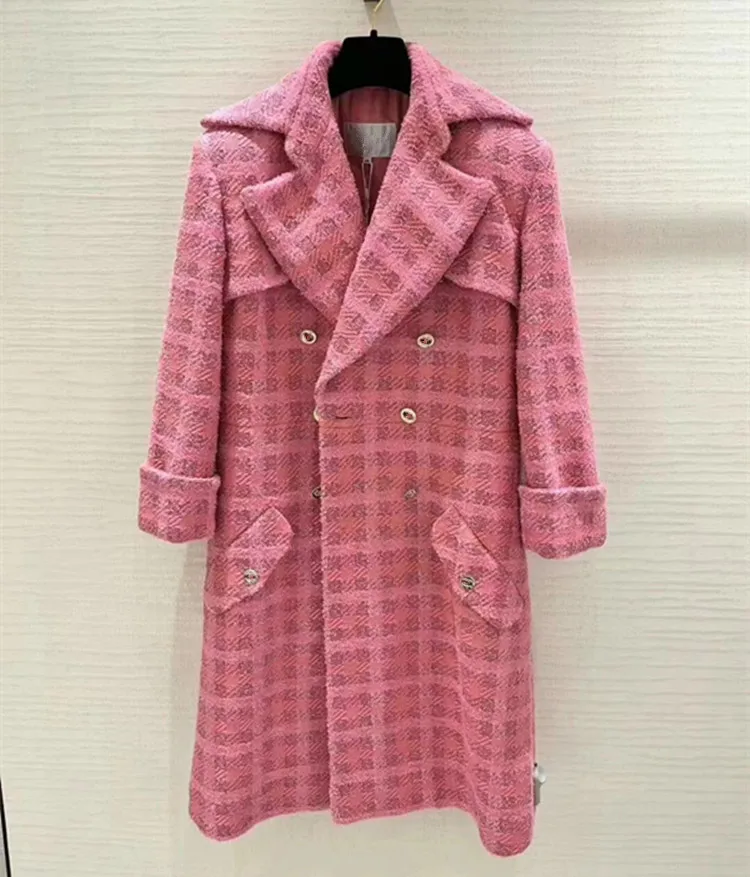 

Europe and the United States women's winter new Long-sleeved suit collar pink plaid double-breasted fashion The tweed jacket