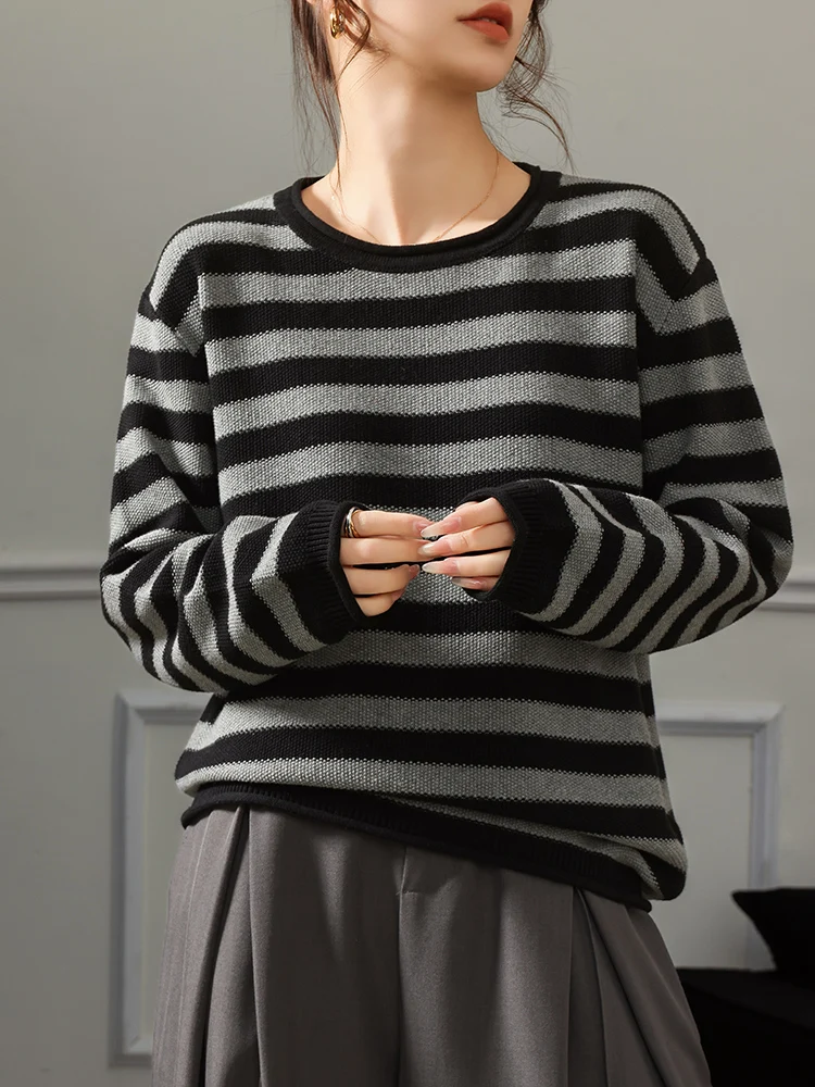 

2026 Spring Autumn Women's Cotton Pullover Sweater Striped Loose Long Sleeve Crewneck New 100% Cotton Pullover Sweater For Women