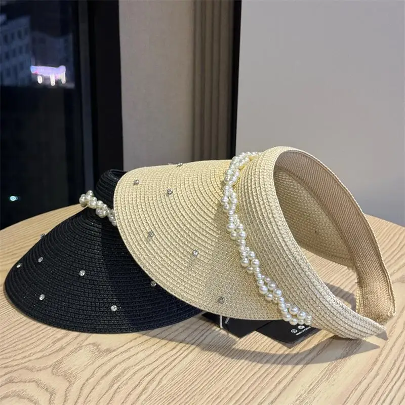Women French Pearl Straw Visor Hat, Summer New Arrival Chanel‑Style UV‑Protection Sun Hat for Outdoor Travel