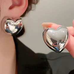 Exaggerate Metal Silver Color Glossy Heart Earrings for Women Girl Simple Trendy Punk Ear Stud HUANZHI 2023 NEW