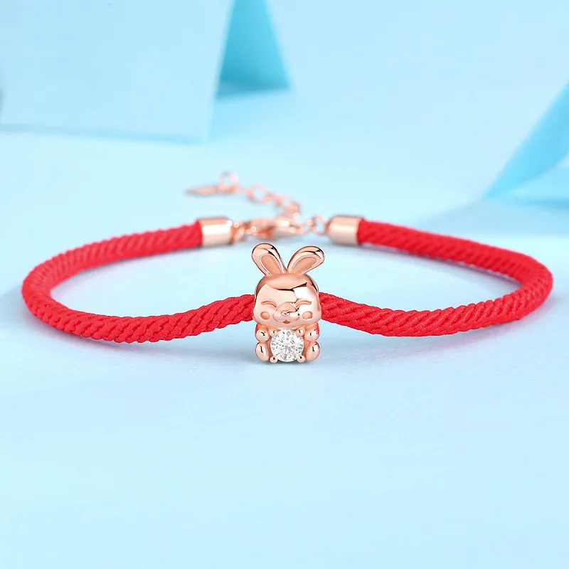 S925 Silver 0.2ct Moissanite Rabbit Bracelet Red Line Chain Fine Jewelry Rose Gold Plated Diamond Bracelet Bangle Pass Tester