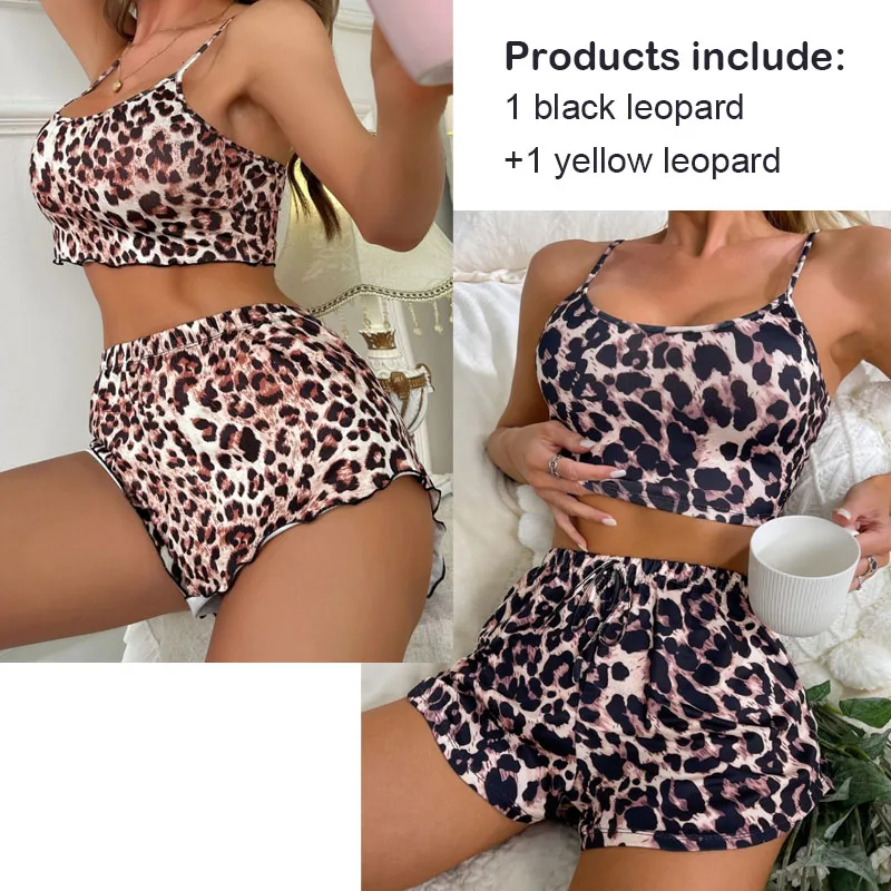 女性のパジャマセクシーなヒョウ柄の下着プリントホルタートップショーツ女性のホームウェア 2 セットパジャマ女性ナイトガウンドレス