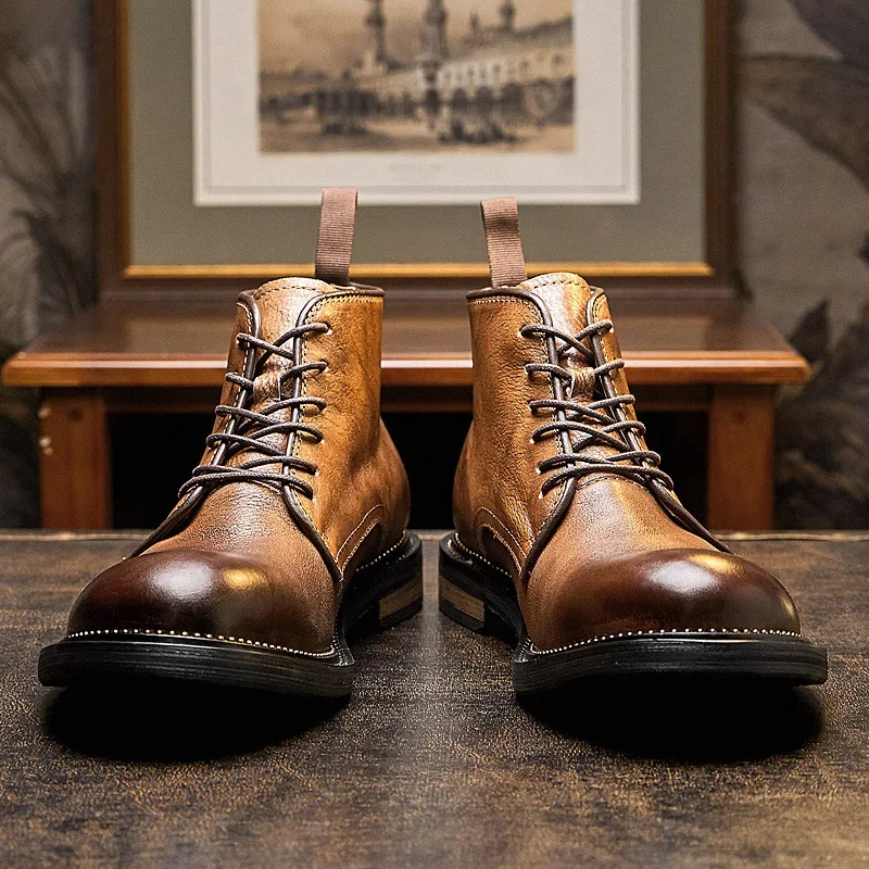 

Genuine Leather Men's Ankle Boots British Vintage Top Layer Cowhide Motorcycle Boots Hand-polished Color Lace-up Cowboy Boots