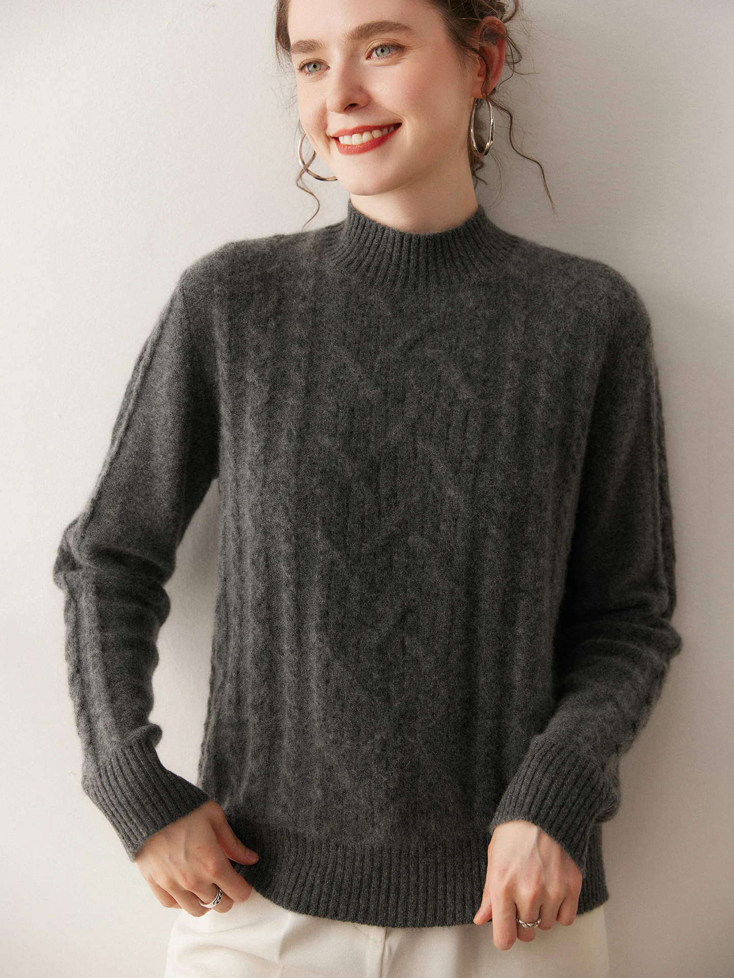 

TLOML Women 100% Cashmere Sweater Mock Neck Cable Knitting Pullover Cashmere Knitwear Autumn Winter Soft Warm Thicken Loose Tops