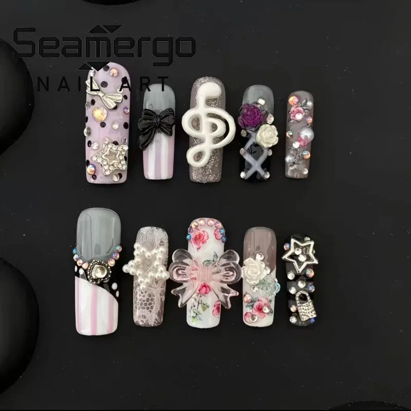10PCS Y2k Long Square False Nails Sweet Cool 3D Treble Clef Rose Bow Star Rhinestone Pearl Lace Handmade Press on Nails Wearable