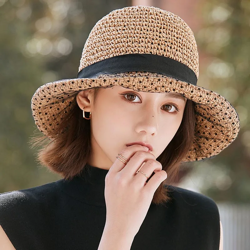 Sombrero de sol para mujer, gorros de playa con encaje de puntos, papel cosido, hierba, transpirable, protección solar, sombrero de pescador,