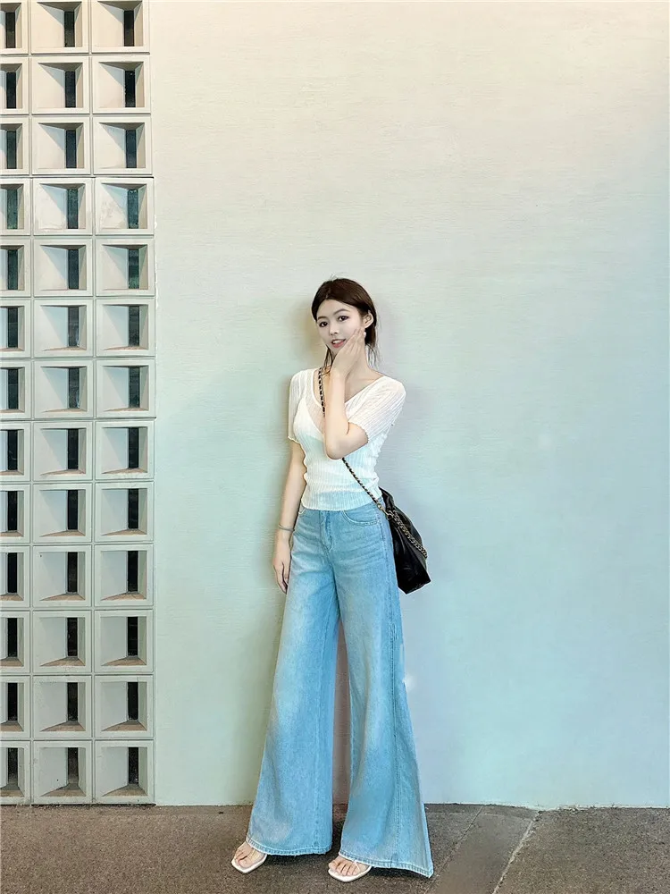 

Extended Length Wide Leg Blue Jeans Women High Waist Slimming Light Wash Loose Drapey Floor Length Trousers