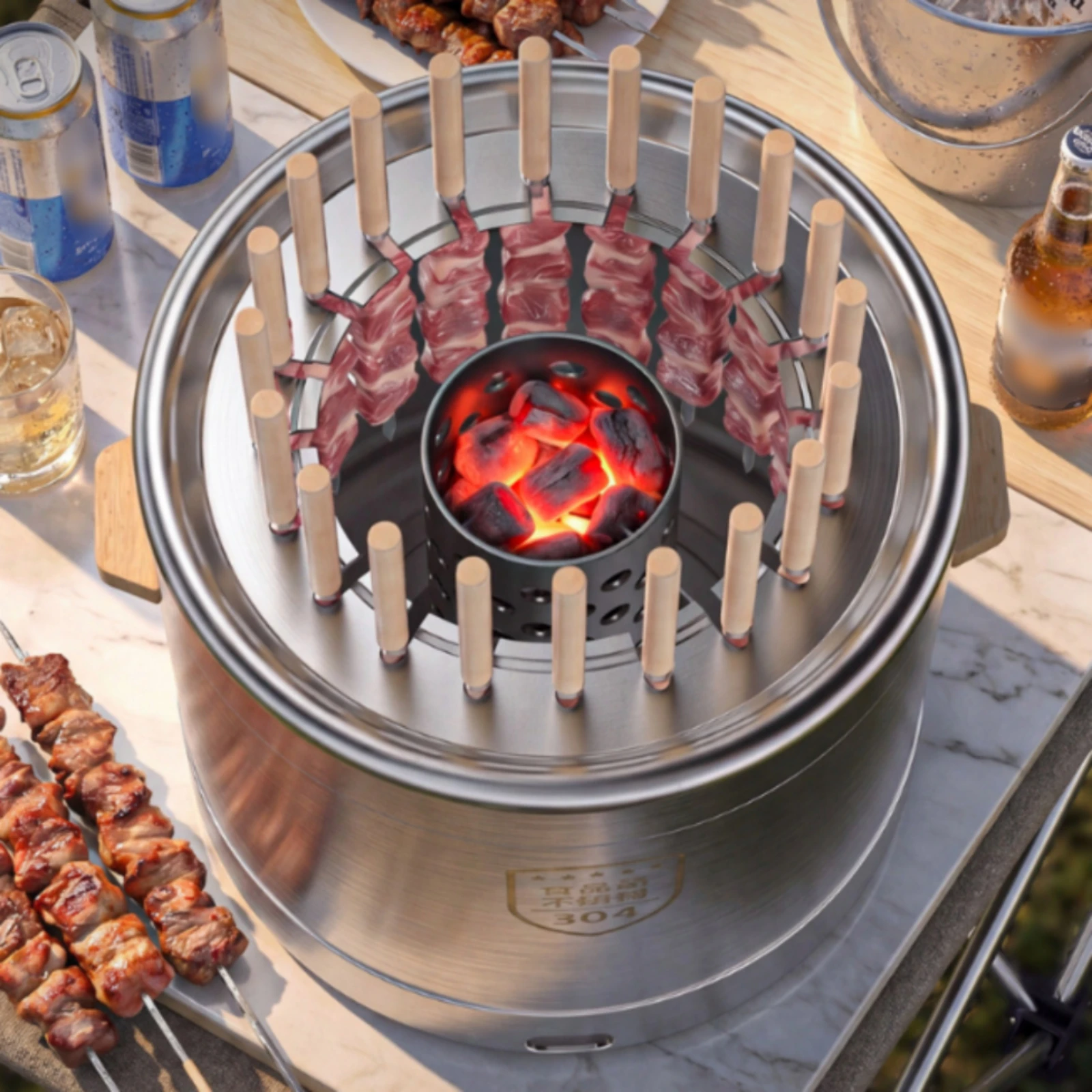 Cylindrical Charcoal Grill Wooden Handles Stainless Steel Barbecue Appliance Portable Grill Set Good Ventilation