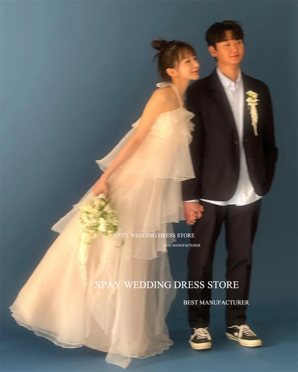 XPAY gaun pernikahan Korea leher Halter sederhana gaun pengantin panjang lantai tanpa lengan berjenjang sifon gaun pesta pengantin wanita desa