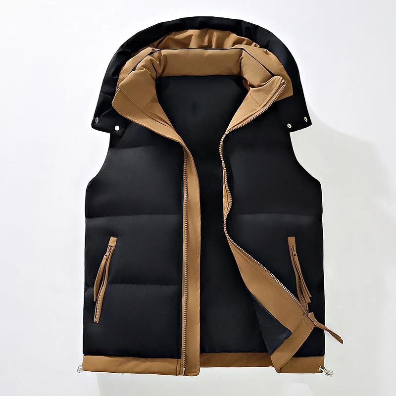 

Streetwear Men's Color-Block Puffer Vest - Removable Hood with Drawstring, Hidden Zip Pockets, Edgy for Winter Daily Looks