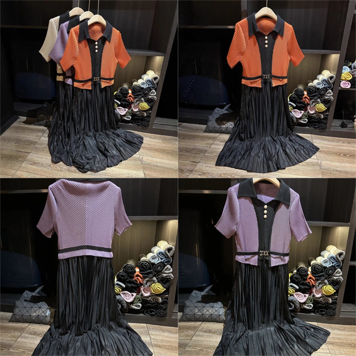 

Miyake Pleated Summer Outfit New Korean Style Versatile and Fashionable Pleated Round Neck Patchwork Mid Length Dress for Women