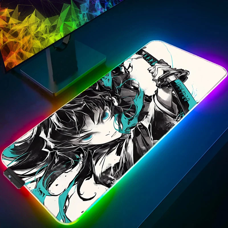 

RGB LED Mouse Pad Extended Gaming Mousepad With Stitched Edges Desk Mat D-demon Slayer Tokitou Muichirou Non-Slip Keyboard Pad