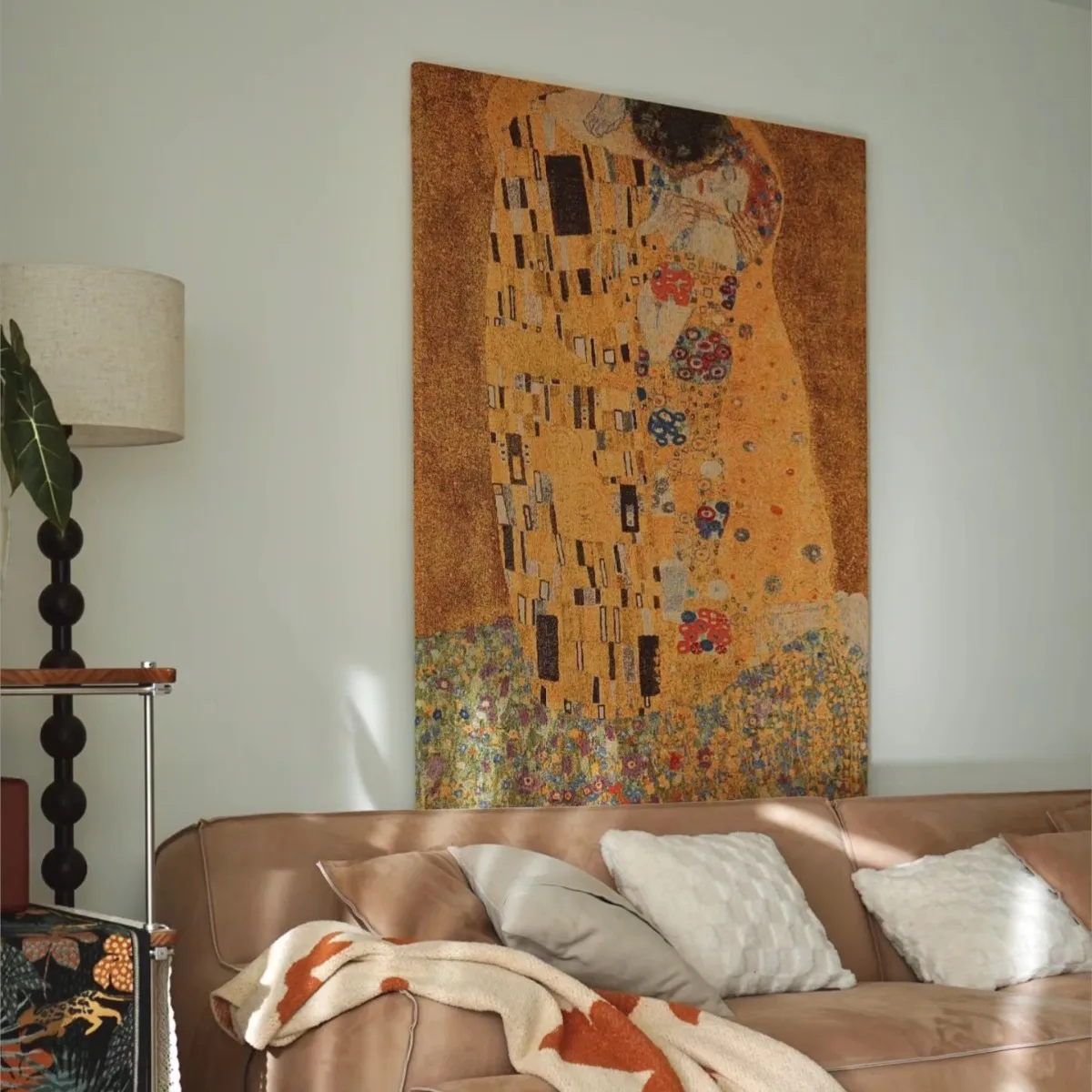 

Плед-гобелен Gustav Klimt из серии «Природные пейзажи» с золотой нитью, простой стиль, геометрический узор, повседневное покрывало