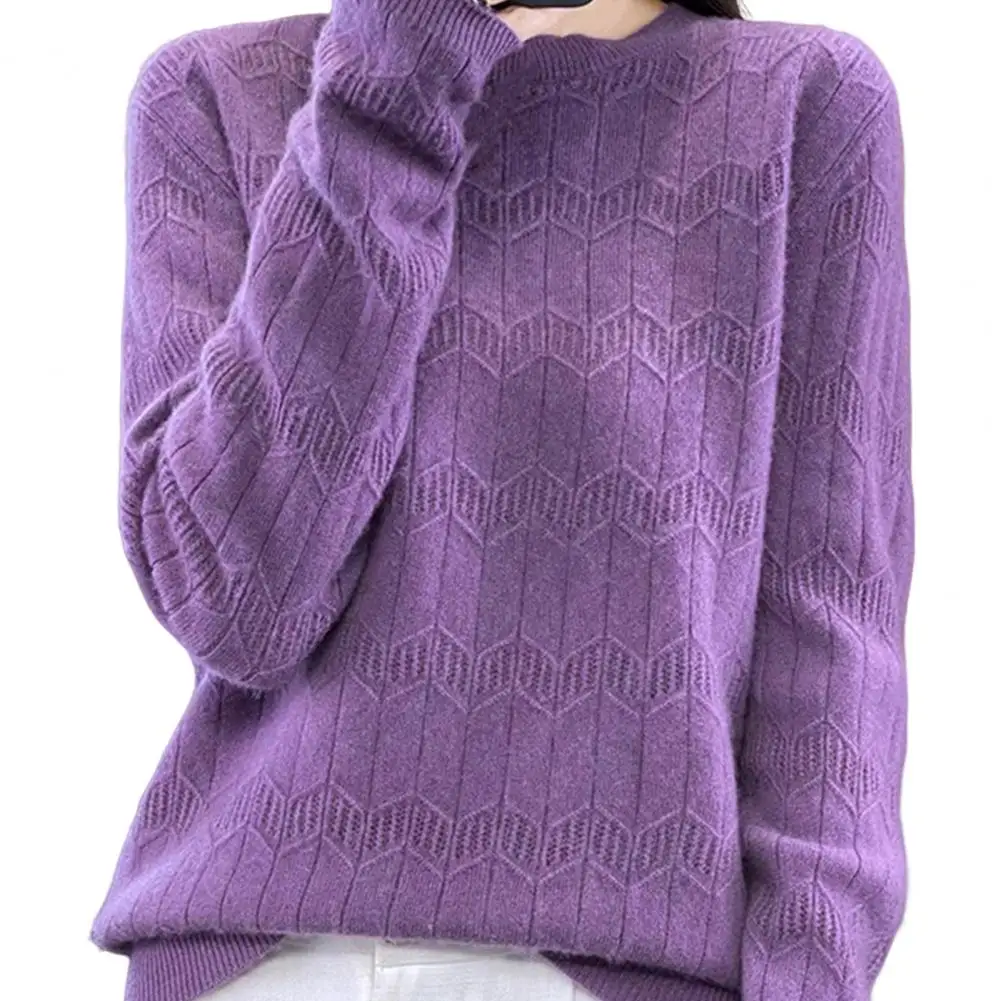 Women Sweater Round Neck Long Sleeve Stretchy Breathable Knitting Tops Unique Pattern Regular Fit Knitting Sweater