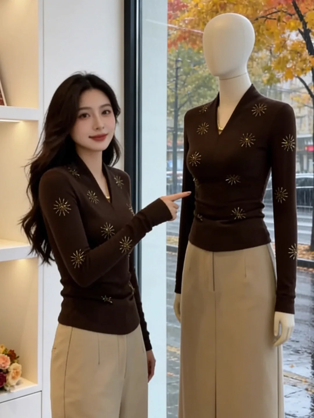 

plus Size Women's V-Neck Fleece-Lined Heavy-Duty Long Sleeve T-Shirt Trendy Slim Fit Base Shirt Commute Style Winter New Arrival
