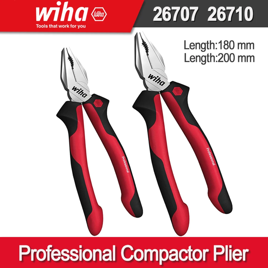 Wiha Combination Pliers Professional Compactor Plier with DynamicJoint and OptiGrip with Extra Long Edge 26707| 26710