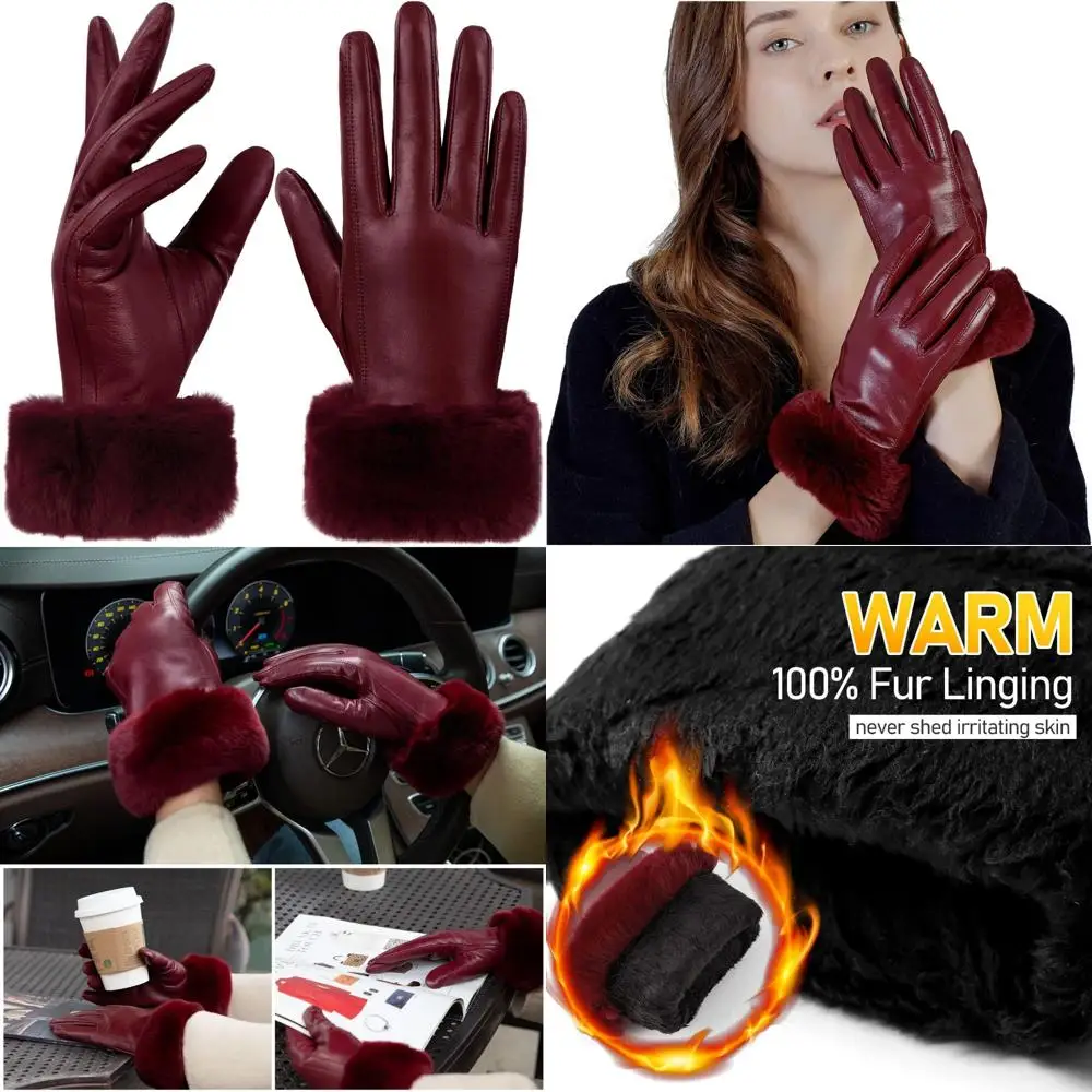 

Women's Rabbit Fur Cuff Leather Gloves with Touchscreen Functionality for Warm Winter Driving in Multicolor Options