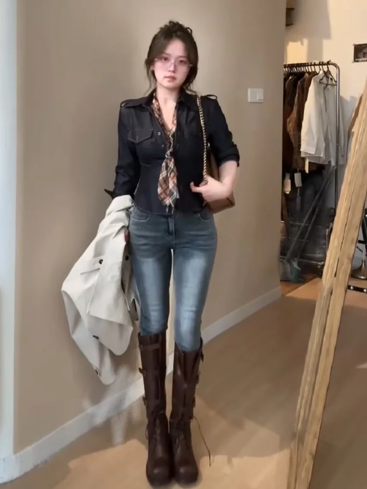 

Retro Blue ey Nine-Tenths Women's Jeans High Waist Elastic Slimming Butt Lifting Slim Fit Versatile Ankle-Length Pants