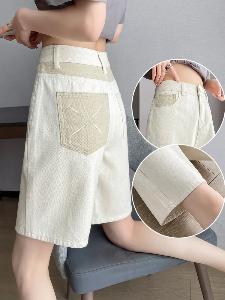 

Color blocked denim straight leg shorts women summer new style knee high waist slimming loose A-line five quarter pants