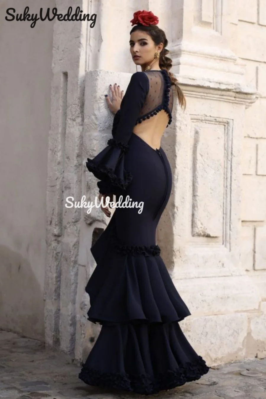 Black Spanish Flamenco Mermaid Prom Dresses Long Sleeves Polka Dots Illusion Mesh Retro Palace Dress for Party Gowns Customized