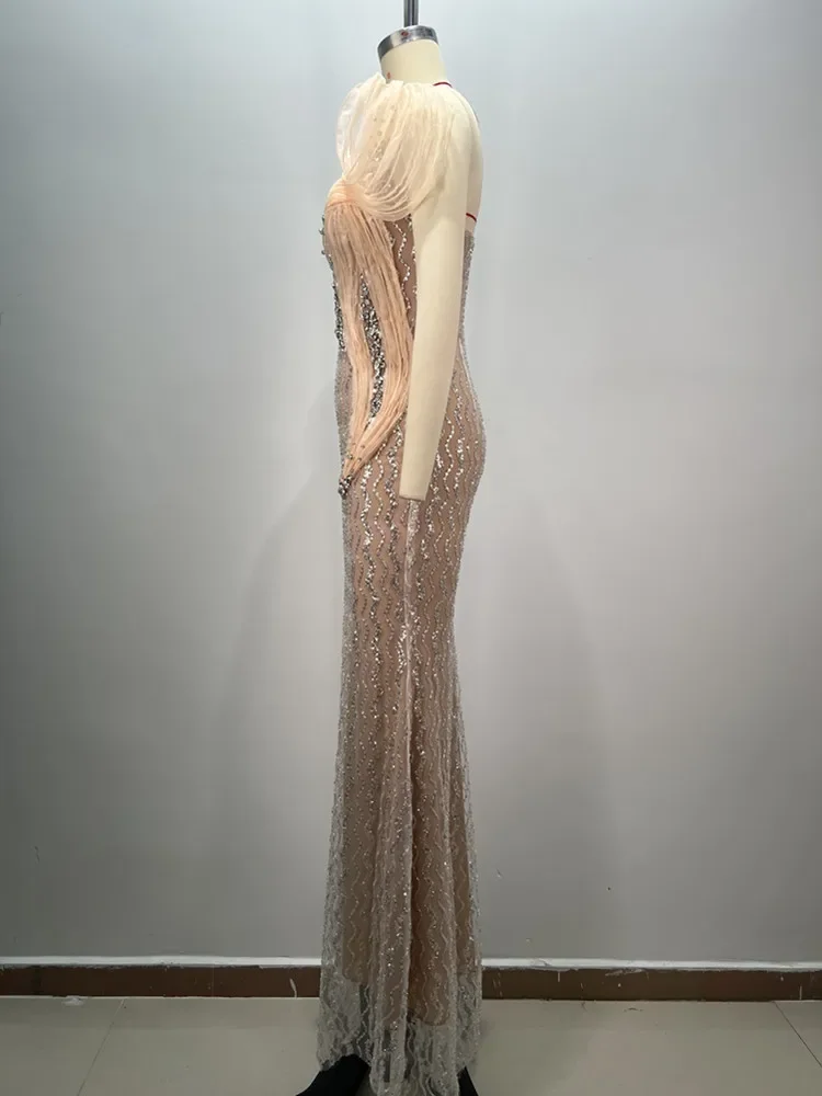 2024 Women Celebrity Sexy Strapless Sequins Diamonds Crystal Sparkly Maxi Long Gowns Dress Elegant Evening Party Club Vestido