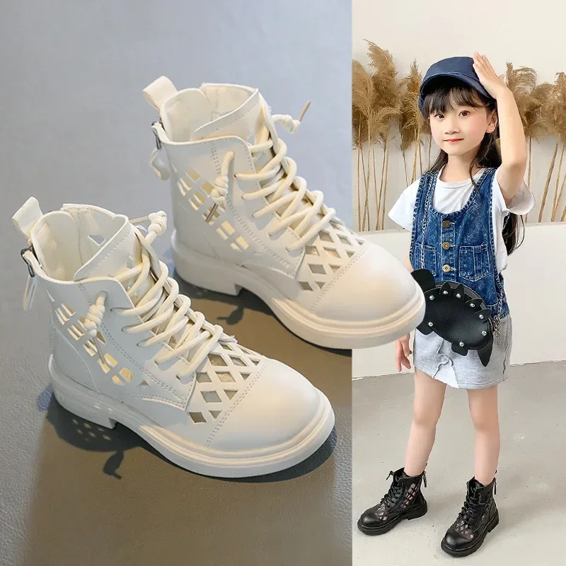 Size26-37-zapatos romanos para niñas, botas cortas huecas de verano, sandalias de princesa, botines para niños, color negro y Beige, novedad