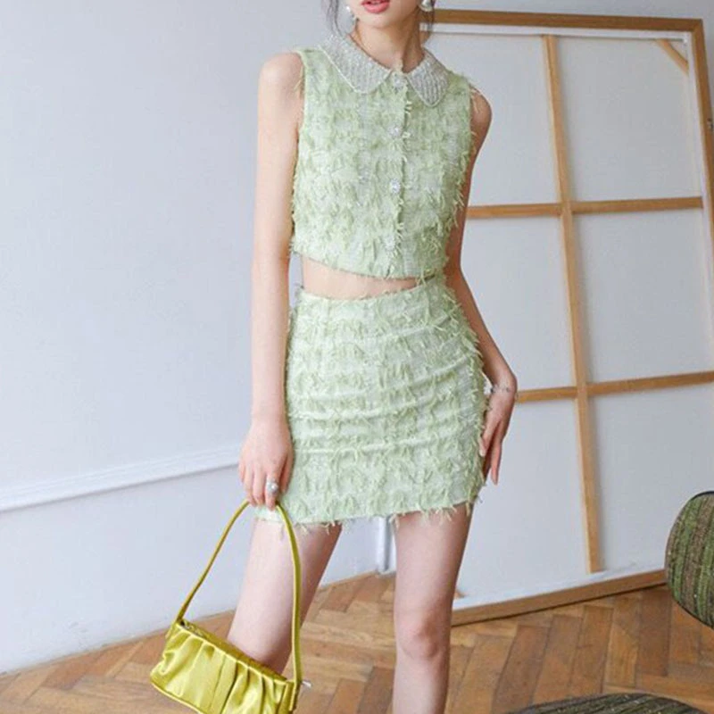 Summer Celebrity Set Premium Light Green Sleeveless Top+Half Skirt Two Piece Set Western Light Luxury Style Women's Wear