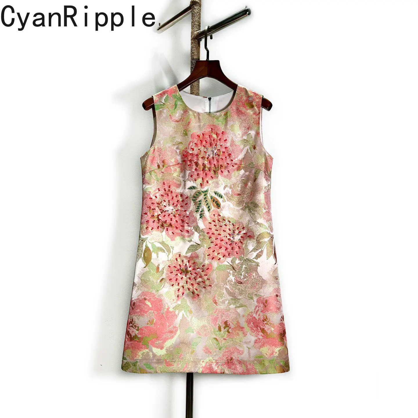Hochwertiges Neues Frühling-Sommer Rosa Jacquard Kurzes A-Linien-Kleid Luxuriöse Perlenverzierung Elegantes Rundhals Ärmelloses Damen-Tanktop-Kleid