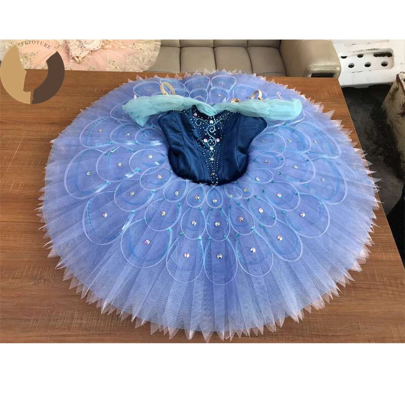 FLTOTURE Professional Women Girls Elastic Blue Velvet Body Bluebird Pancake Platter Tutu Skirt YAGP Ballet Variation Costumes