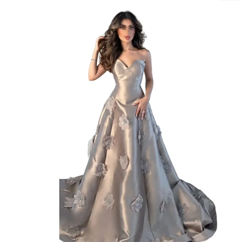 Robe de Soirée Personnalisée, Tenue Formelle de Bal, Jupe Drapée, Longueur au Sol, Fleur Appliquée, sur Mesure, pour Occasions