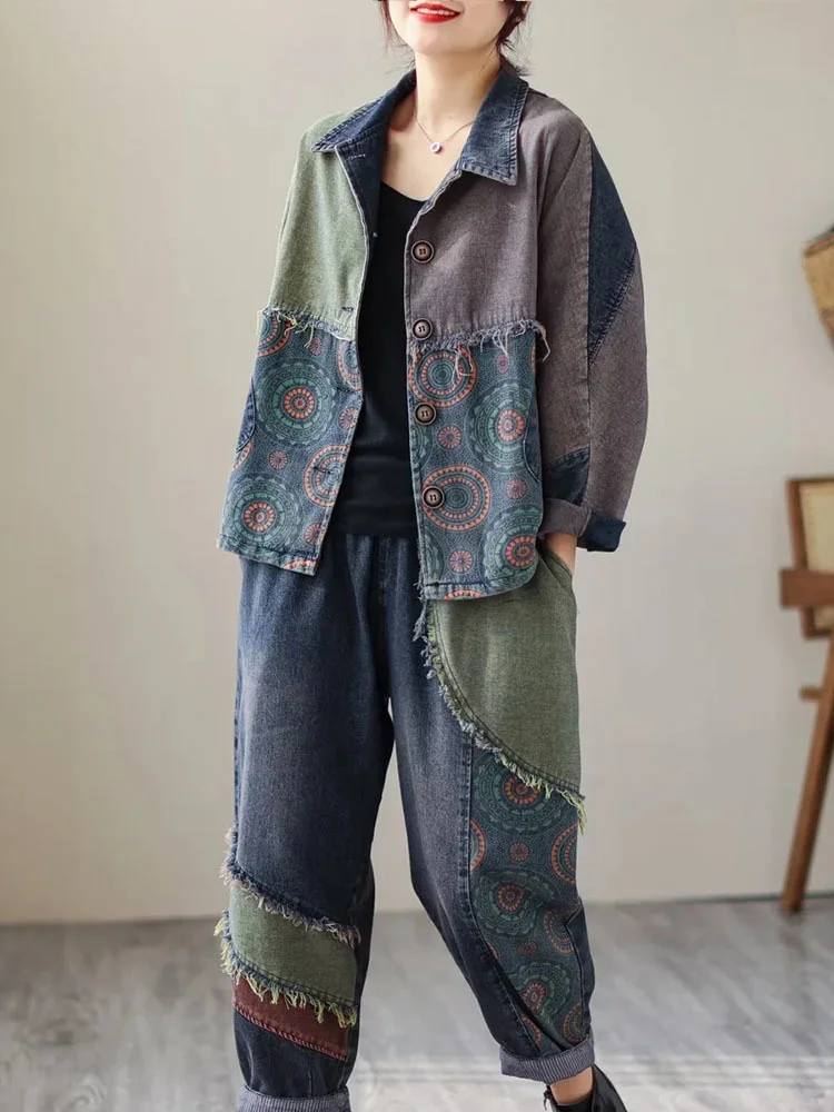 Masss Wasss 2023 Spring Two Pieces Sets Womens Fashion Denim Outfits Vintage Printed Jackets Classic Jeans Fashion Pants Suits