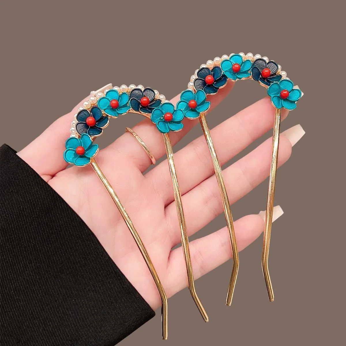 1pc Fashion Elegant Oriental Floral Hair Sticks Gold Toned Flowers Pearl Accents Perfect Traditional Vintage Inspired Hairstyles