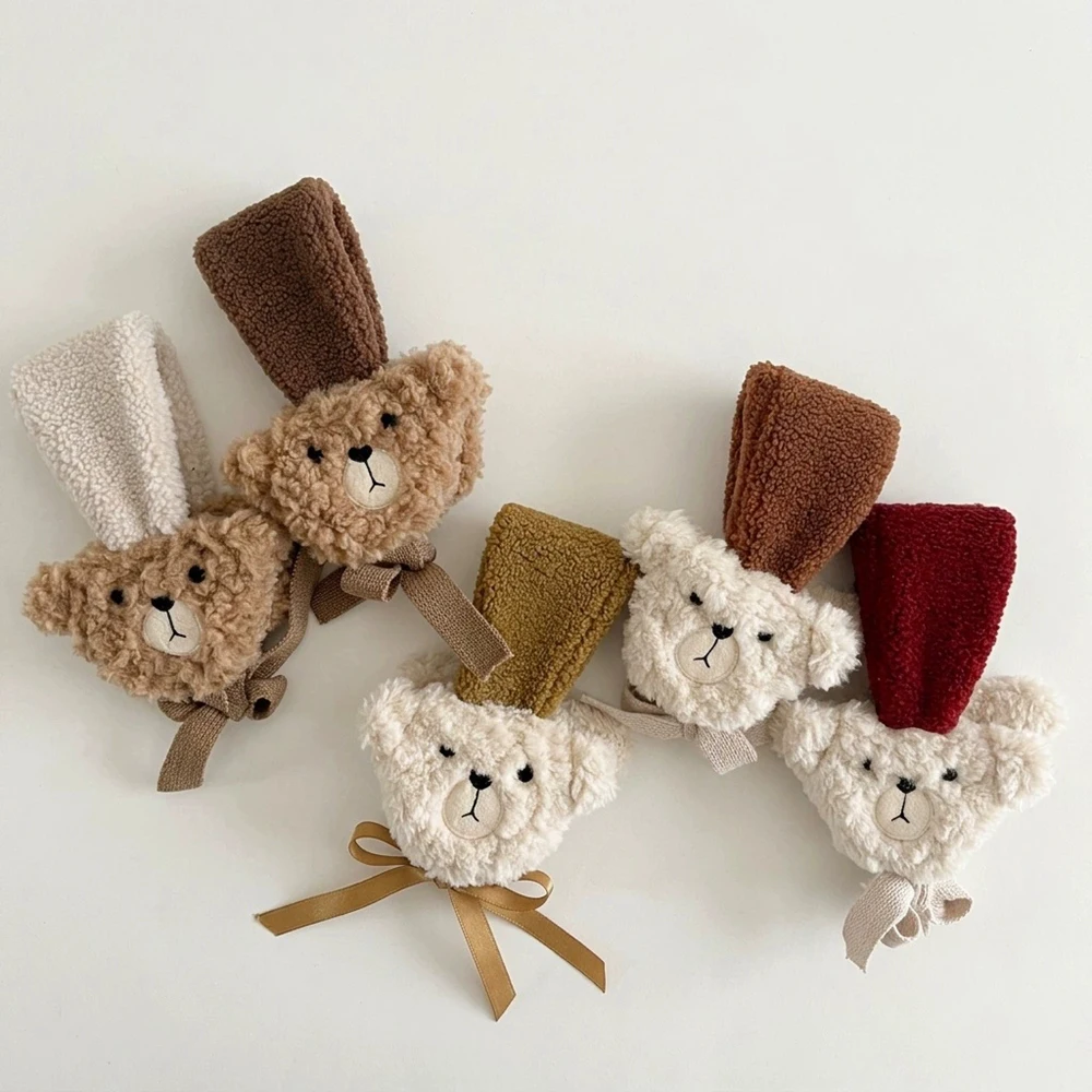 Kids Plush Bear Ear Muffs with Bow Tie for Girls 2-7 Years Soft Warm Winter Ear Warmers Cute Animal Style Outdoor Photo Prop