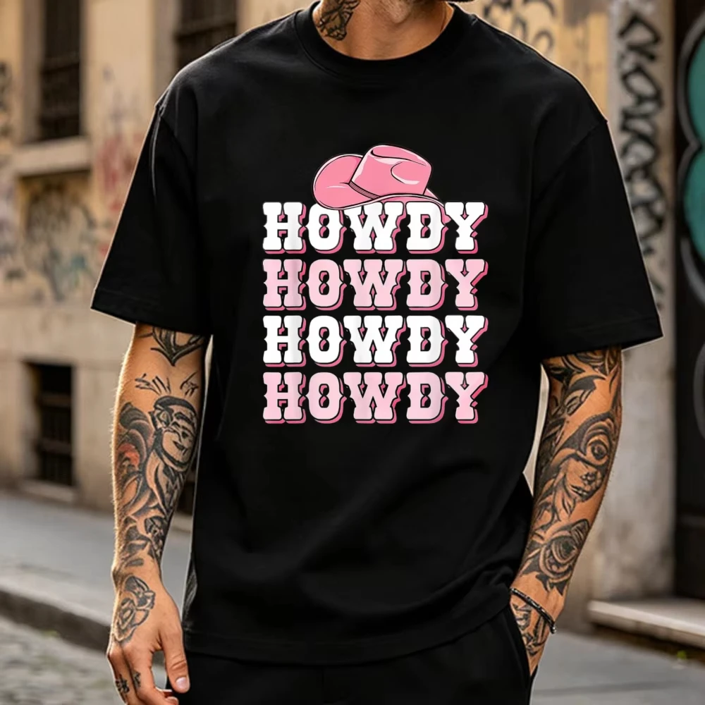 Howdy Text with Pink Cowboy Hat Print Round Neck Short Sleeve T-Shirt Funny Outdoors High Quality Cotton Short-sleev Breathable